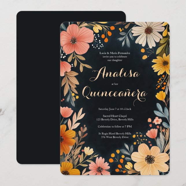 Convite Watercolor Floral no Dark Quinceañera CUSTOM (Frente/Verso)