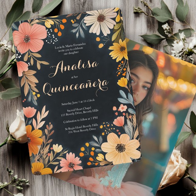 Convite Watercolor Floral no Dark Quinceañera Foto PERSONA (Watercolor Floral on Dark Quinceañera CUSTOM Photo Invitation
)