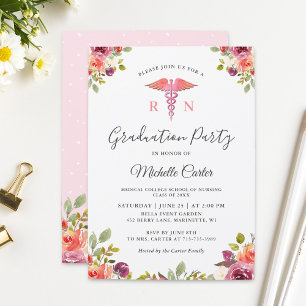 Convite Watercolor Floral Nursing School Graduation Party