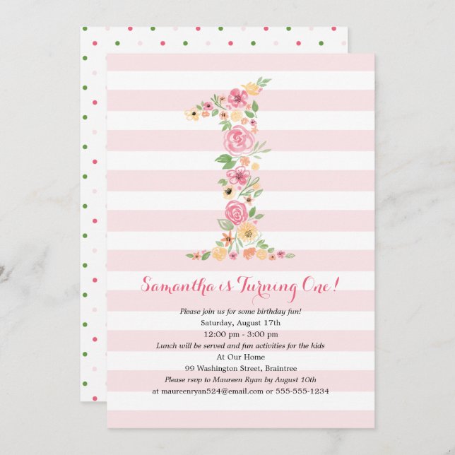 Convite Watercolor Floral One First Birday (Frente/Verso)