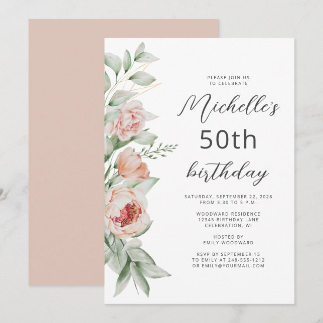 Convite Watercolor Floral Peach Blush 50th Birthday (Frente/Verso)