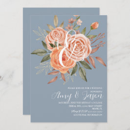 Convite Watercolor Floral Peach Rosas Dusty Blue Weding