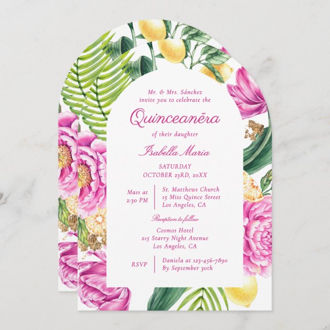 Convite Watercolor Floral Peonies Custom Photo Quinceañera (Frente/Verso)