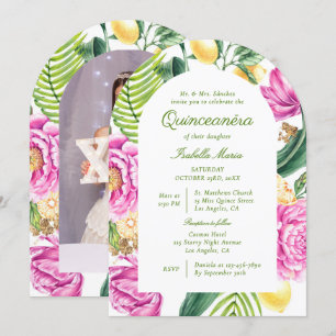 Convite Watercolor Floral Peonies Foto Personalizada Quinc