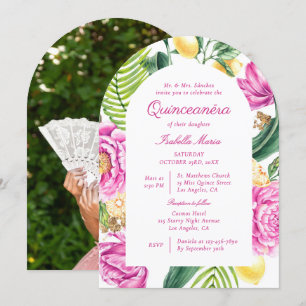 Convite Watercolor Floral Peonies Lemon Photo Quinceañera