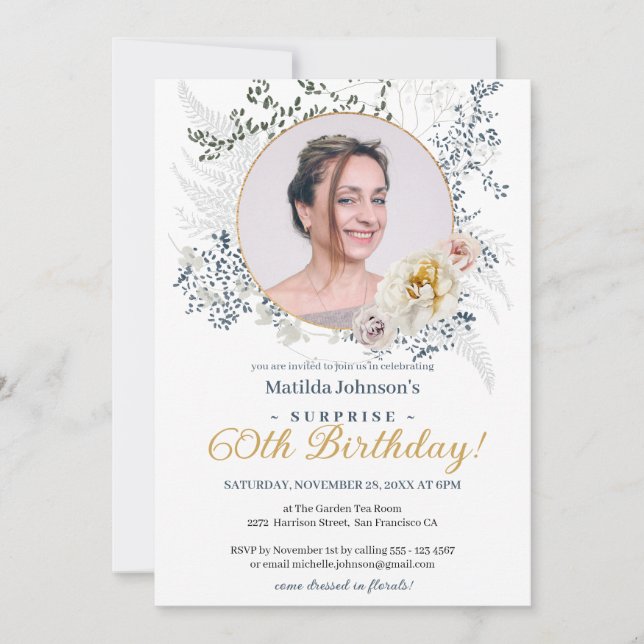 Convite Watercolor Floral Photo Surprise 60th Birthday (Frente)
