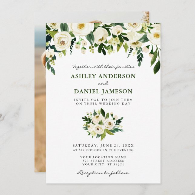 Convite Watercolor Floral Photo Wedding Green (Frente/Verso)