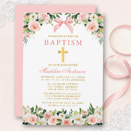 Convite Watercolor Floral Pink Bow Gold Baptism