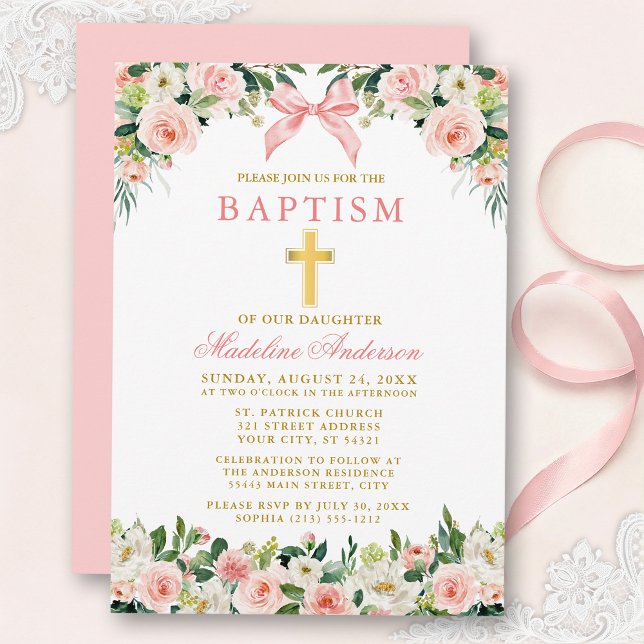 Convite Watercolor Floral Pink Bow Gold Baptism (Customize to change text color, size, style or to change color of back of card.)