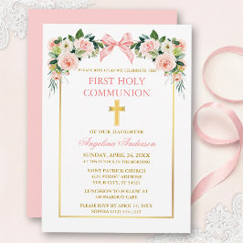 Convite Watercolor Floral Pink Bow Gold Frame Communion