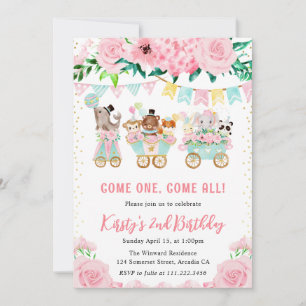 Convite Watercolor Floral Pink Circus Animal Birday