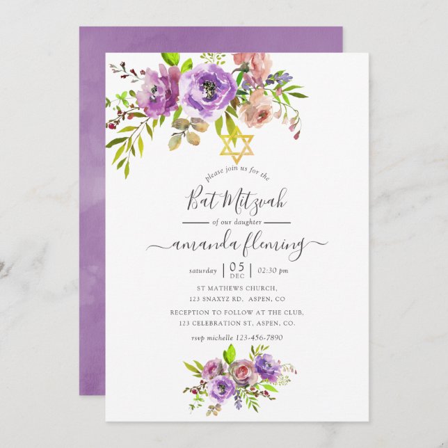Convite Watercolor Floral Primavera Bat Mitzvah (Frente/Verso)