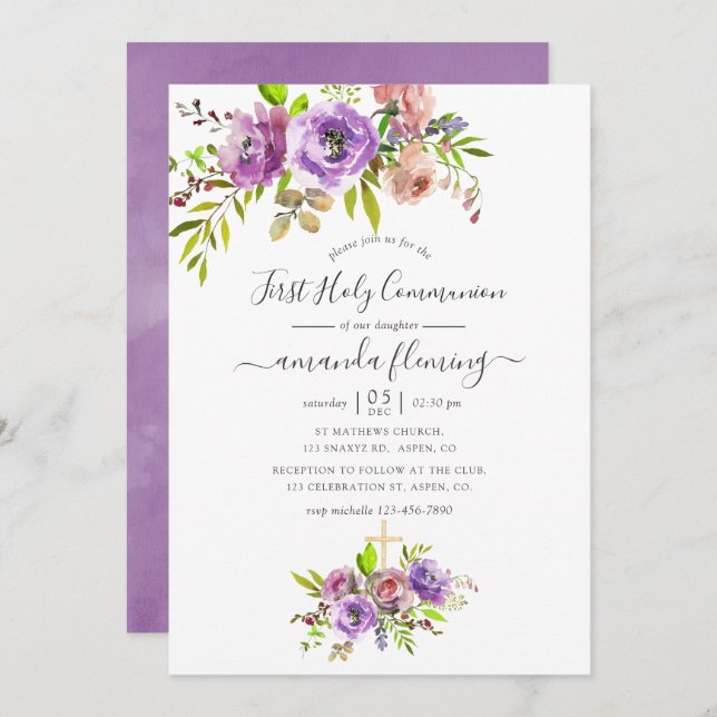 Convite Watercolor Floral Primavera Primeira Comunhão Sant (Frente/Verso)