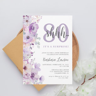 Convite Watercolor Floral Purple 80 Birthday