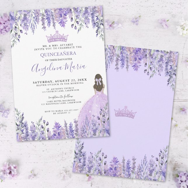 Convite Watercolor Floral Purple Quinceañera (Purple Lilac Tiara Floral Quinceañera Invitation)