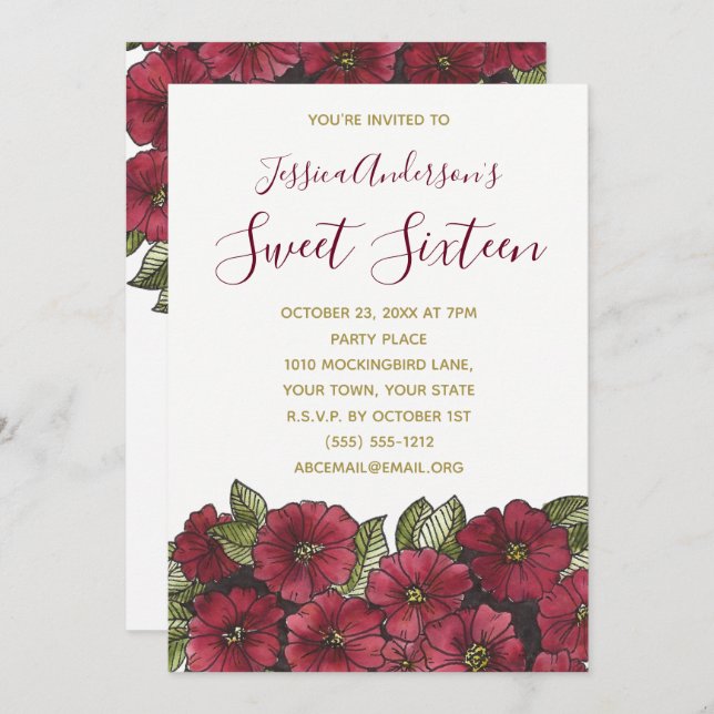 Convite Watercolor Floral Red Dourado Sweet 16 Aniversário (Frente/Verso)