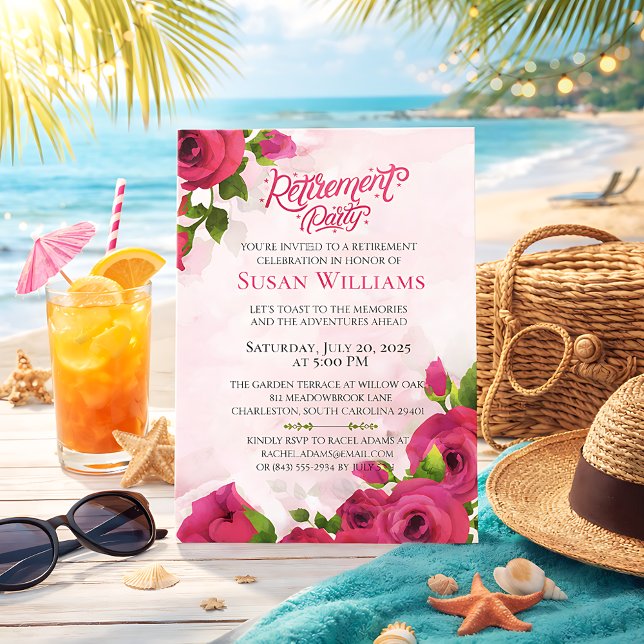 Convite Watercolor Floral Rose Retirement Celebration (Criador carregado)