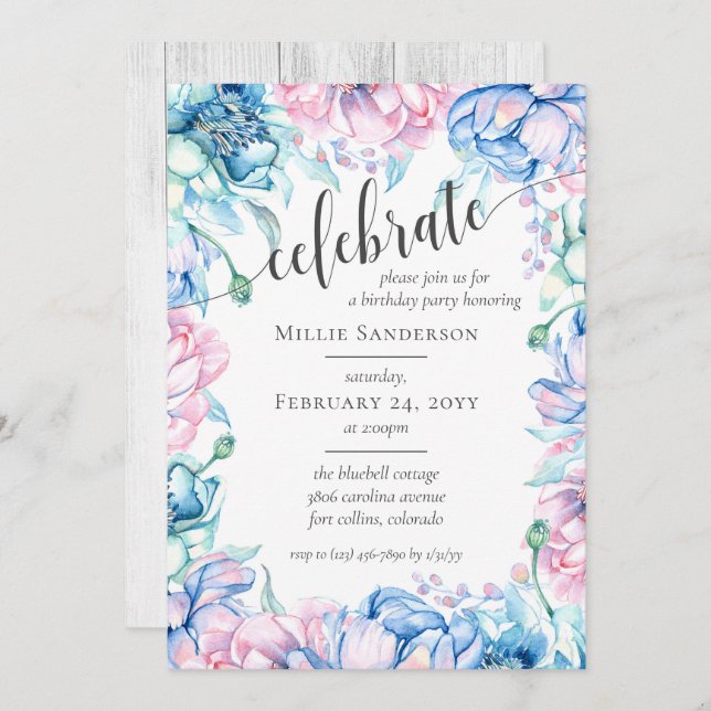 Convite Watercolor Floral & Russo Wood Farmhouse Aniversár (Frente/Verso)