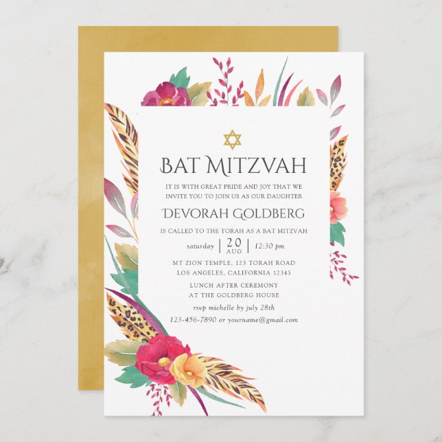 Convite Watercolor Floral Safari Bat Mitzvah (Frente/Verso)