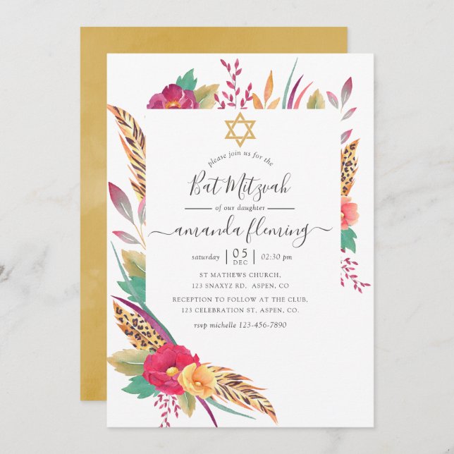 Convite Watercolor Floral Safari Bat Mitzvah (Frente/Verso)