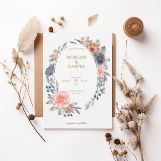 Convite Watercolor Floral Save the Date with Oval Wreath
