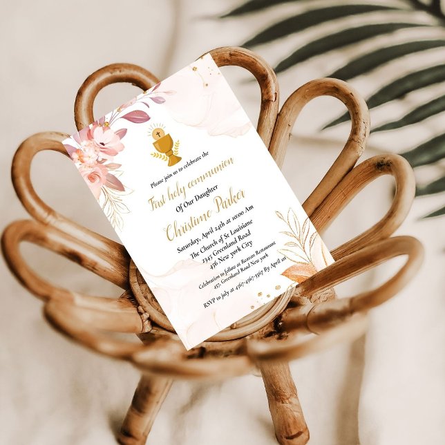 Convite Watercolor floral splash first sagrado communion (Criador carregado)