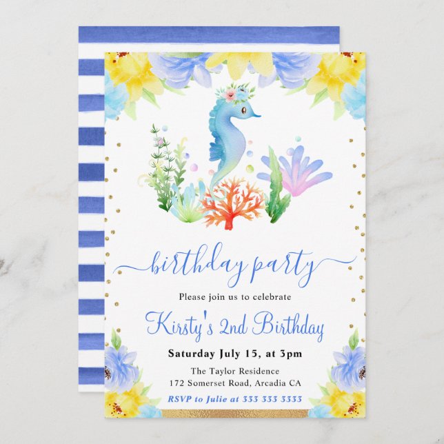 Convite Watercolor Floral Submarino Cavalo Marinho Anivers (Frente/Verso)