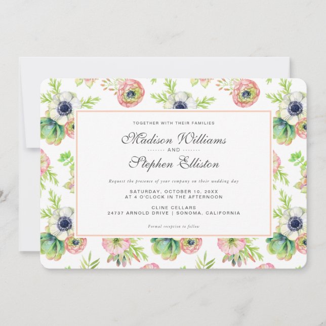 Convite Watercolor Floral & Succulents - Casamento (Frente)