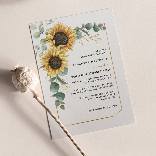Convite Watercolor Floral Sunflower Eucalyptus Wedding (Floral Sunflower Eucalyptus Greenery Wedding Invitation)