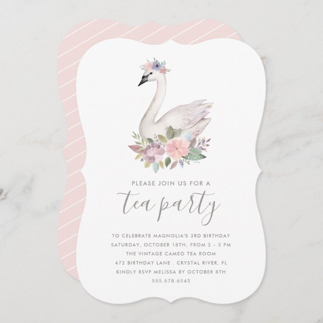 Convite Watercolor Floral Swan Princesa Birthday Tea Party (Frente/Verso)