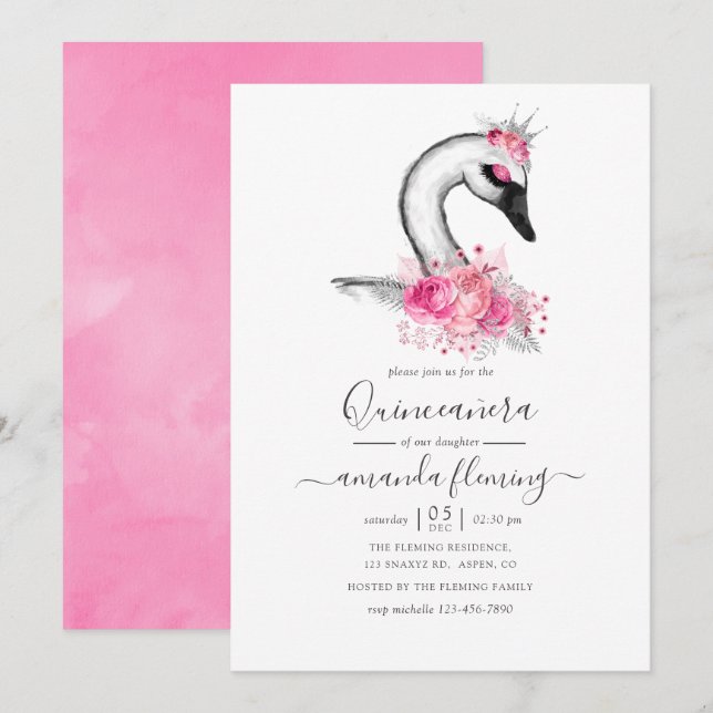 Convite Watercolor Floral Swan Quinceañera (Frente/Verso)