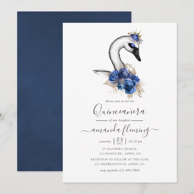 Convite Watercolor Floral Swan Quinceañera (Frente/Verso)