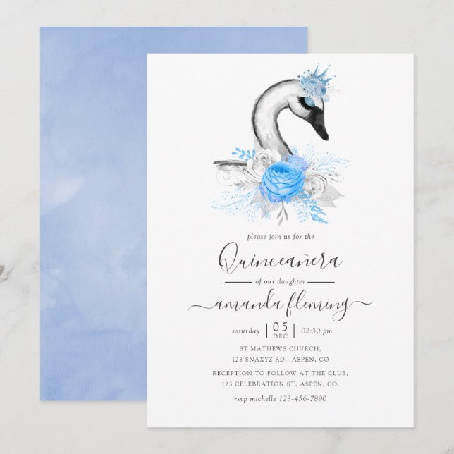Convite Watercolor Floral Swan Quinceañera (Frente/Verso)