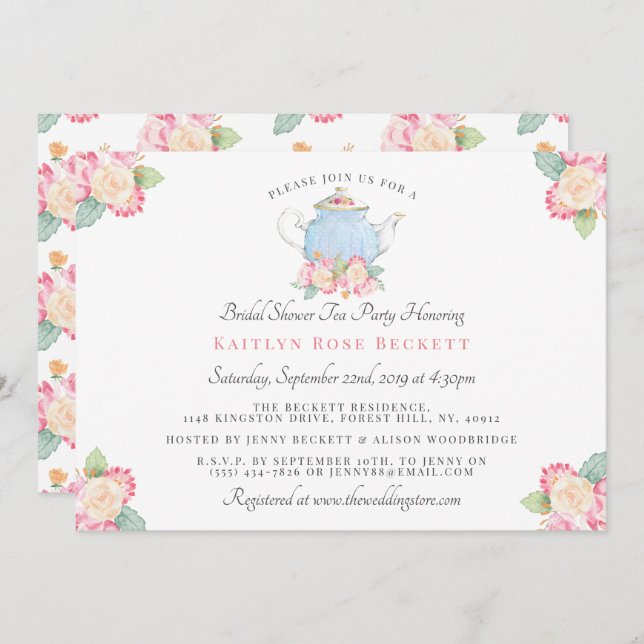 Convite Watercolor Floral Tea Party | CHÁ DE PANELA (Frente/Verso)