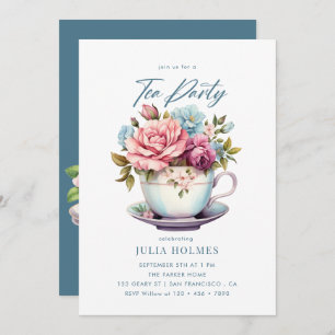 Convite Watercolor Floral Teacup Tea Party