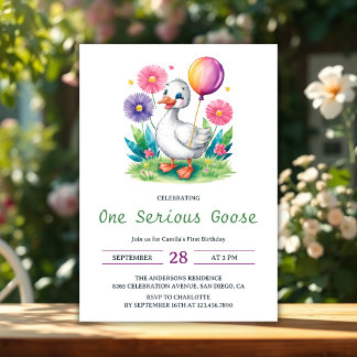 Convite Watercolor Floral Um Ganso Sério Primeiro Aniversá