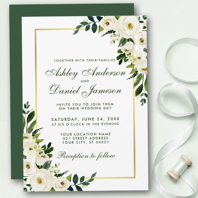 Convite Watercolor Floral Verde Dourado Casamento GSG (Customize to change text color, style, add text & photos to back or change color of back of card.)