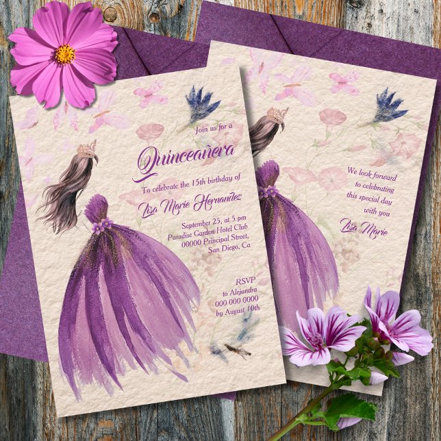Convite Watercolor Floral Violet Tones Quinceañera (Criador carregado)
