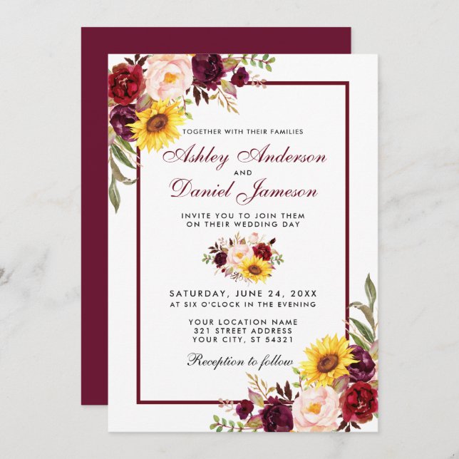 Convite Watercolor Floral Wedding Burgundy (Frente/Verso)
