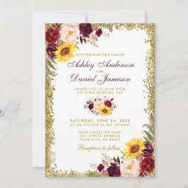Convite Watercolor Floral Wedding Burgundy Glitter Dourado