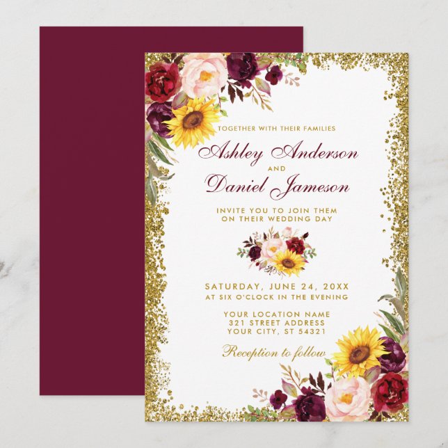Convite Watercolor Floral Wedding Burgundy Glitter Dourado (Frente/Verso)