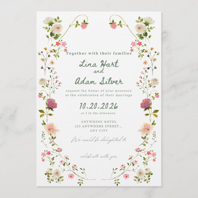 Convite Watercolor Floral Wedding Invitation Template  (Frente)