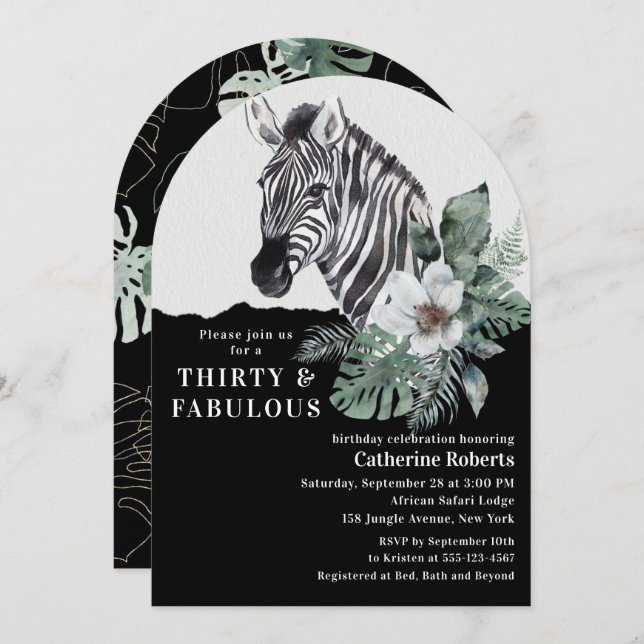 Convite Watercolor Floral Wild Zebra Trinta aniversário de (Frente/Verso)