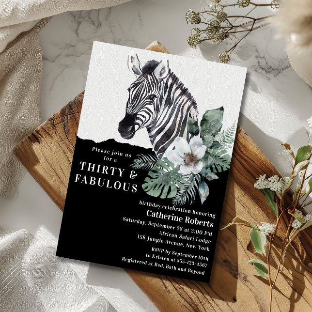 Convite Watercolor Floral Wild Zebra Trinta aniversário de (Criador carregado)