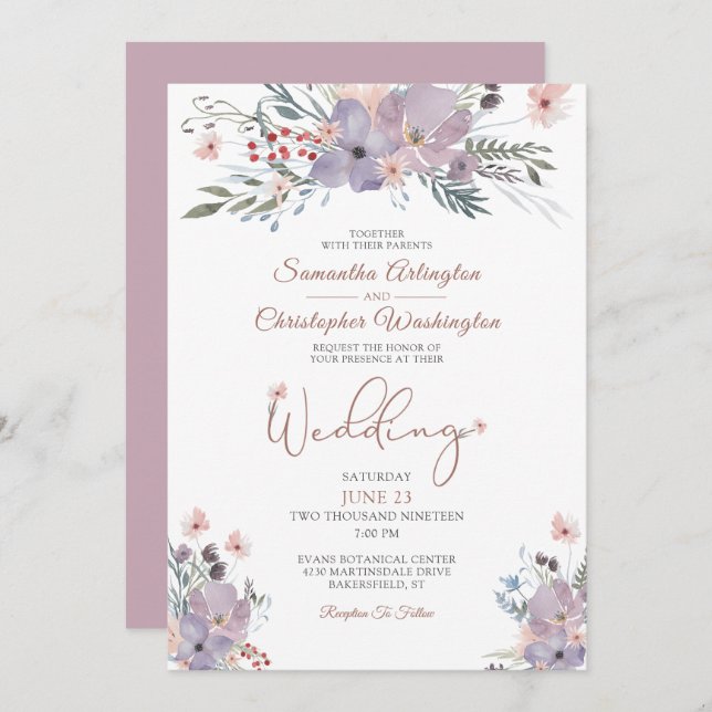 Convite Watercolor Floral Wildflower Casamento Lilac (Frente/Verso)