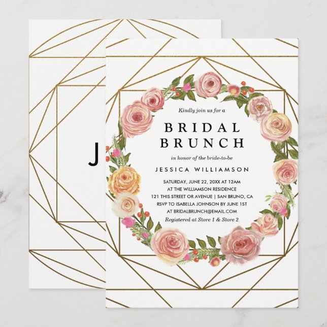 Convite Watercolor Floral Wreath Geométrica Bridal Brunch (Frente/Verso)
