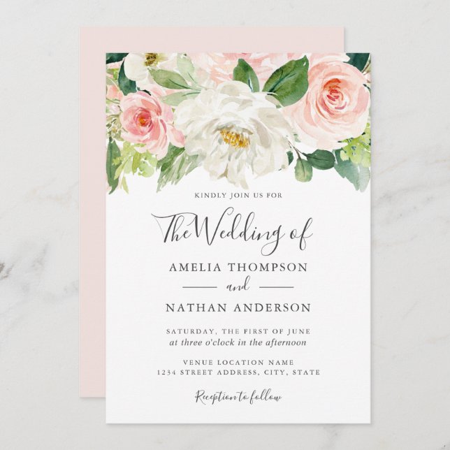 Convite Watercolor Florals Blush Wedation (Frente/Verso)
