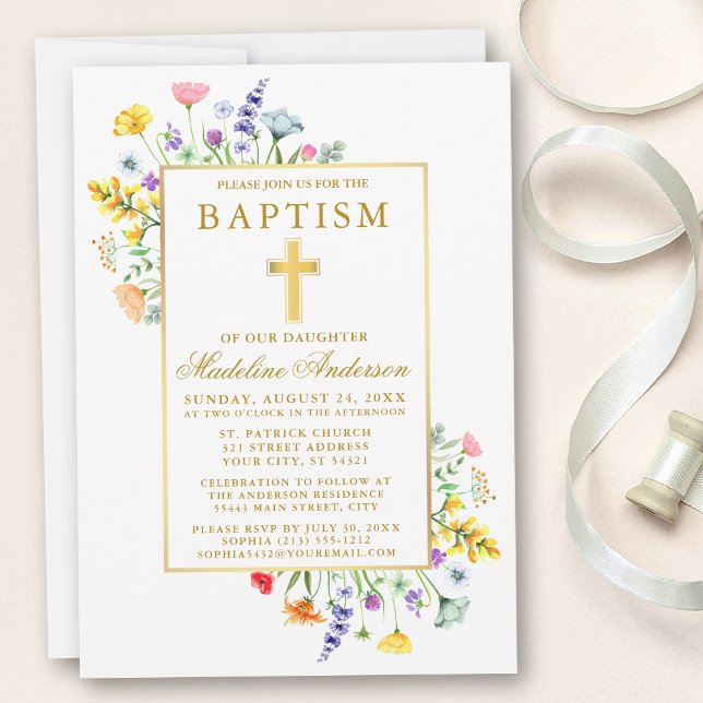 Convite Watercolor Flores selvagens Baptism Dourado (Customize to change text color, style, size or to add text to back of card.)
