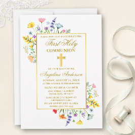 Convite Watercolor Flores Selvagens Douradas Primeira Comu