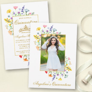 Convite Watercolor Flores Selvagens Foto Quinceanera Doura